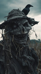 Fototapeta premium A close-up of a horrifying scarecrow in an empty field at dusk, tattered clothing
