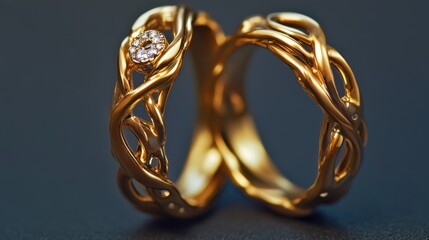 Two gold wedding bands with a single diamond set in one of the bands.