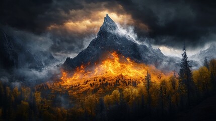 Fototapeta premium Fiery Autumn Mountain Landscape Under Dramatic Cloudy Sky