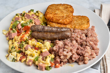 scramble eggs with  spam, pepper and onions