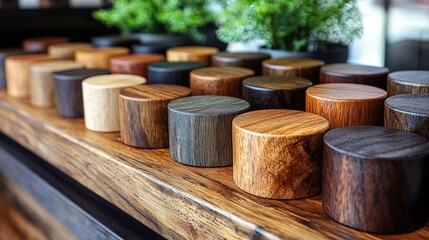 A display of various wooden cylindrical pieces arranged neatly on a wooden surface.
