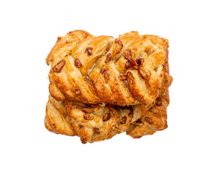 Maple Pecan Puff Pastry Isolated, Danish Plaits Pastries with Maple Syrup and Pecan Nuts, Breakfast Bakery