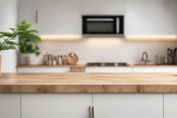 Wood tabletop on blur kitchen counter background for product display