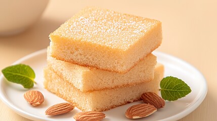 Soft and Delicate Almond Cake Slices on a White Plate with Almonds and Green Mint Leaves, Perfect for Dessert or Snack Moments