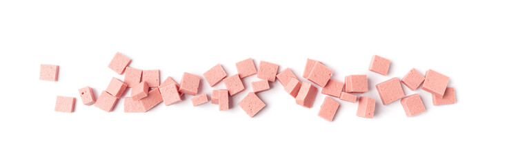 Diced Mortadella Slice Isolated, Luncheon Meat Cut, Chicken Ham Cubes, Boiled Sausage for Breakfast