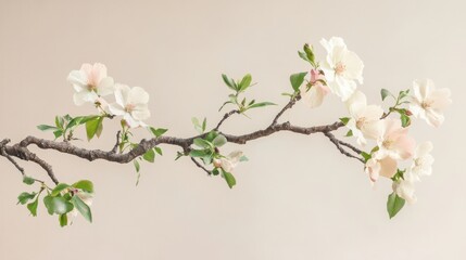 Obraz premium Delicate white and pink blossoms on a bare branch against a soft, pale background.