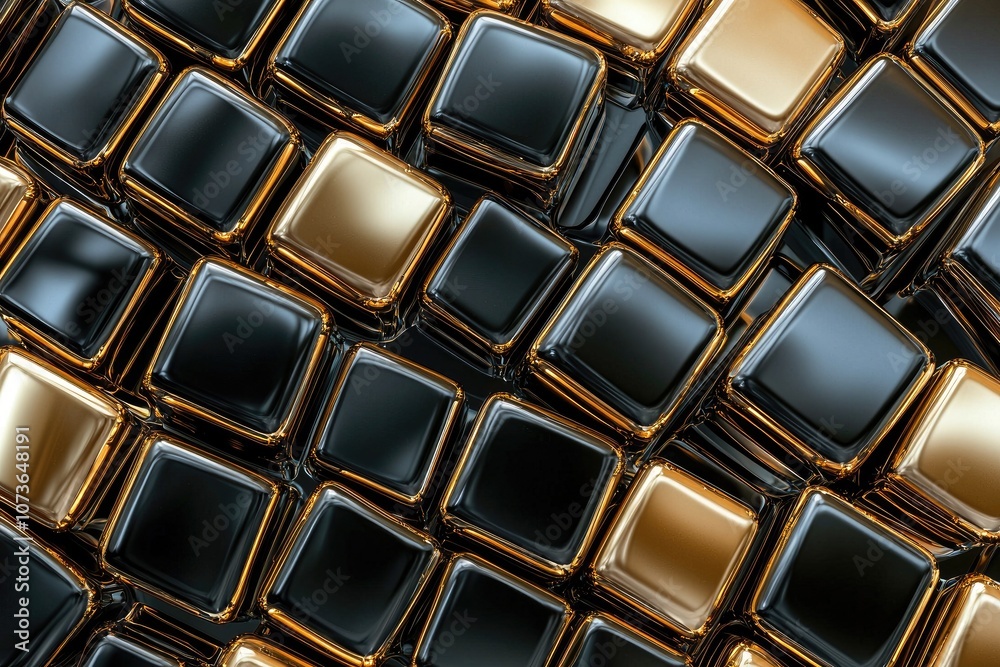 Wall mural abstract pattern of black and gold cubes on a textured surface.