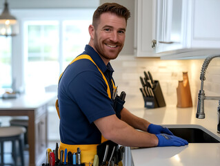 Plumber, performing maintenance work in a modern kitchen with tools and sink. Professional handyman ensuring plumbing system efficiency