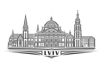 Naklejka premium Vector illustration of Lviv, monochrome horizontal card with linear design famous lviv city scape, european urban line art concept with decorative lettering for black text lviv on white background
