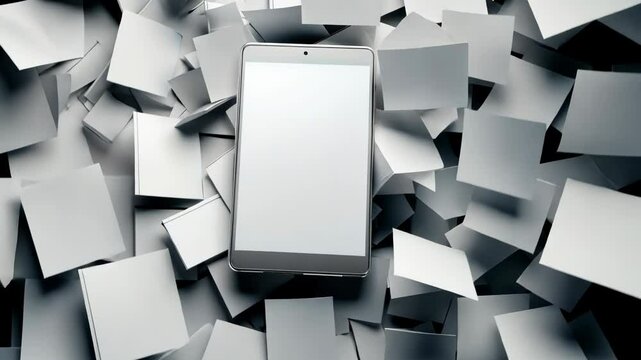 A tablet computer sits on top of a pile of white notepads