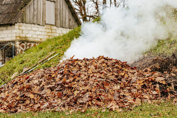 A pile of dry leaves being burned outdoors, releasing thick white smoke. The leaves are mostly brown and cover the ground, with green grass visible in the background.