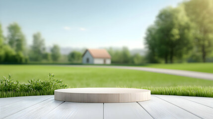 Empty podium against a green farm background for product presentation