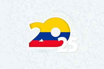 New Year 2025 for Colombia on snowflake background.