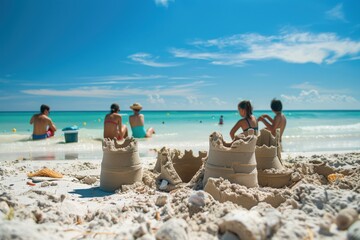Sandcastle on a Tropical Beach with Blurred Figures in the Background