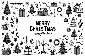 Fototapeta premium Black and White Christmas Greeting Card Illustration Perfect for Holiday Season Wishes