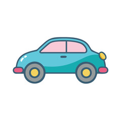 Blue compact car vector side profile, Flat vector illustration of a blue compact car shown in side view, with simple lines and a modern design.

