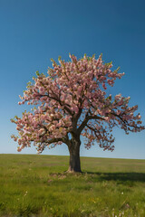 Fototapeta premium Lone Tree in Bloom: A vibrant, flowering tree standing alone in an open field during spring, with a clear blue sky behind it