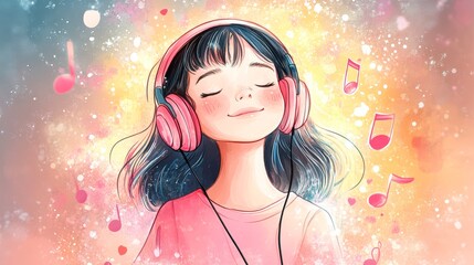 A joyful girl wearing pink headphones is immersed in music, surrounded by colorful abstract backgrounds, This illustration can be used in projects related to music, emotions, or youth culture,