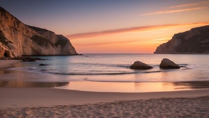 Obraz premium Stunning Sunset Over Secluded Beach in Mallorca with Gentle Waves and Colorful Skies Reflecting on Calm Sea and Dramatic Cliffs