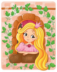Cute little princess girl in the castle window against the background of a wall entwined with a green plant. Vector illustration in a cartoon style.
