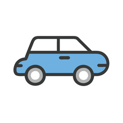 Blue compact car vector side profile, Flat vector illustration of a blue compact car shown in side view, with simple lines and a modern design.
