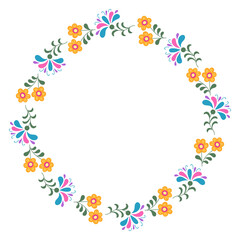 Colorful floral wreath illustration with vibrant fantasy yellow, pink, and blue flowers and green leaves, inspired by Mexican folk art, perfect for festive and decorative themes