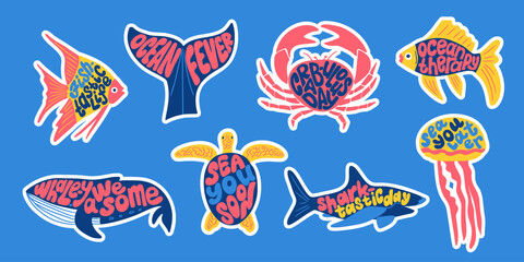 Colorful vector sea life stickers with playful hand drawn phrases like Ocean Therapy, Crabulous Day, and Whaley Awesome with various ocean animals on blue background, ideal for a fun, aquatic vibe