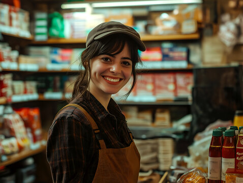 Friendly female shopkeeper smiling in a cozy small grocery store, surrounded by food products and pantry items, working at local market