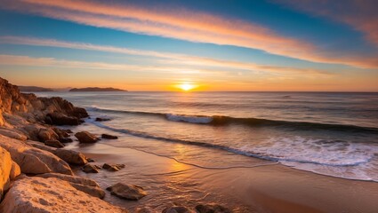 Stunning Sunset Over Rocky Shoreline of Costa Brava: A Tranquil Scene Capturing Nature's Beauty with Calm Waves and Colorful Sky