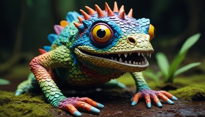 Fototapeta premium A colorful clay monster with a beak-like mouth and limbs covered in scales, resembling a creature from a forgotten, mystical swamp, Generative AI