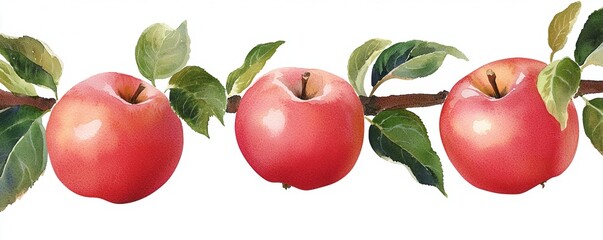A vibrant illustration of four red apples on a branch, paired with green leaves, showcasing freshness and nature's beauty. watercolor, isolated on white background.