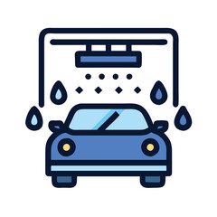Car wash icon with water drops, Simple vector icon of a car under a water spray, representing a car wash service, isolated on a white background.
