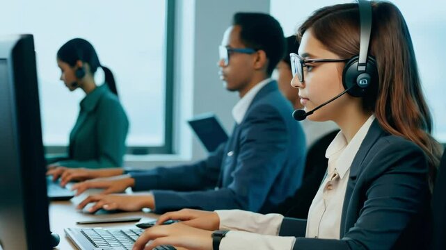 Customer support agents focused and working at computers with headsets in a professional office environment. Ideal for themes related to teamwork, communication, and customer service.