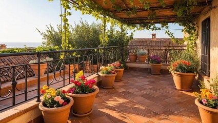Fototapeta premium Serene Spanish Rooftop Terrace with Wrought Iron Railings Surrounded by Colorful Flowers and Lush Greenery Against a Tranquil Sky and Ocean View