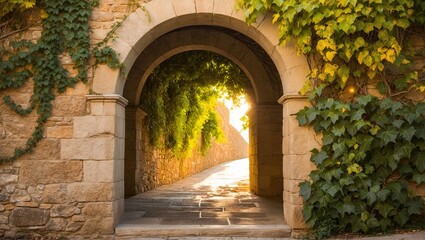 Obraz premium Sunlit Stone Archway Framed by Lush Greenery, Leading Down a Serene Pathway in a Historic Setting, Evoking Tranquility and Nostalgia