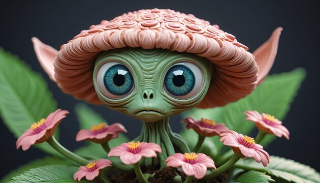 An alien plant with eyes on its petals, sculpted from soft clay and giving an impression of intelligence and mystery, Generative AI