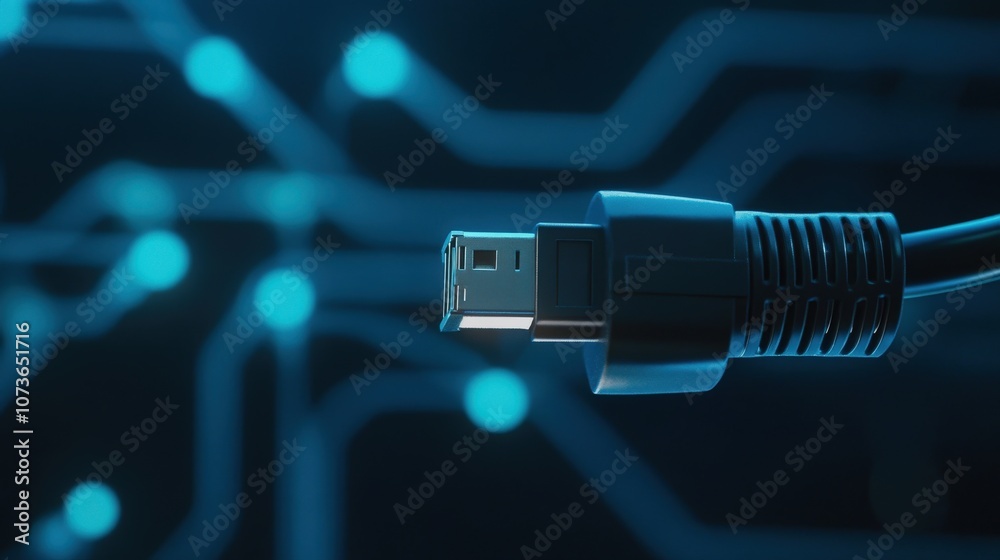Poster Close-up of a USB connector against a futuristic digital background showcasing circuit patterns and glowing nodes, symbolizing technology and connectivity in modern devices.