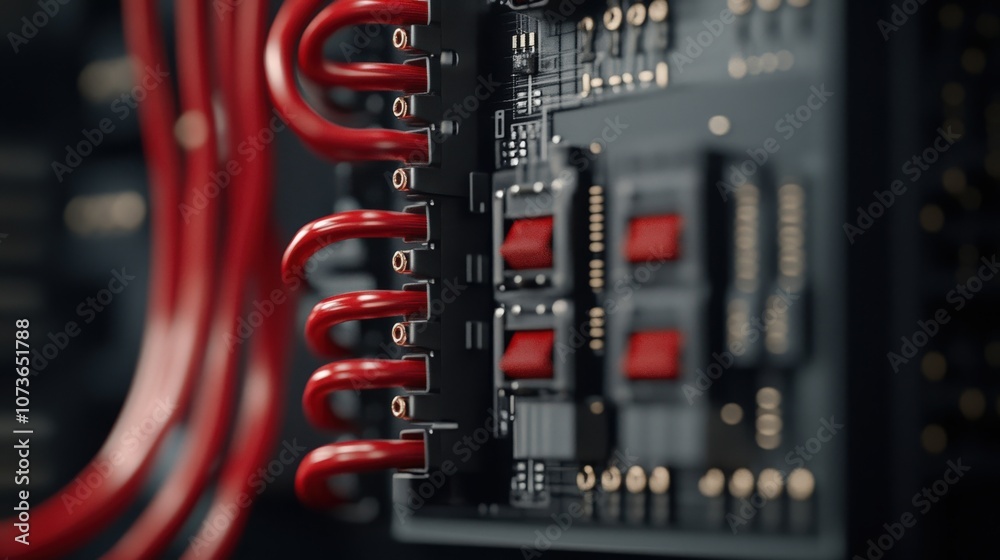 Poster Intricate Close-Up of Modern Circuit Board with Red Wiring and Digital Components Showcasing Technology and Innovation in Electronics Sector