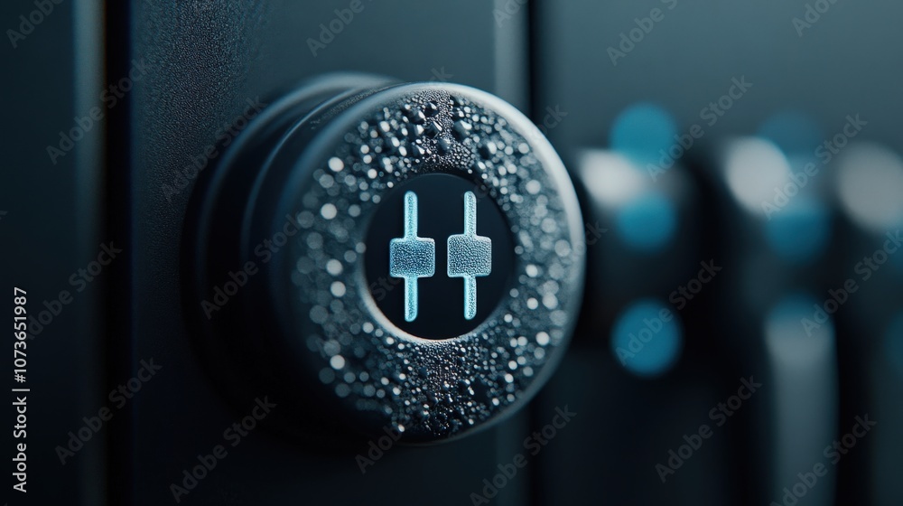 Poster close-up of a stylish audio mixer control with droplets on a decorative surface, featuring sleek des