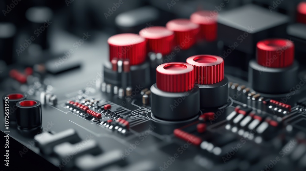 Aufkleber Close-Up View of Modern Electronic Circuit Board with Red and Black Components, Showcasing Intricate Design and Technological Innovation in Digital Systems