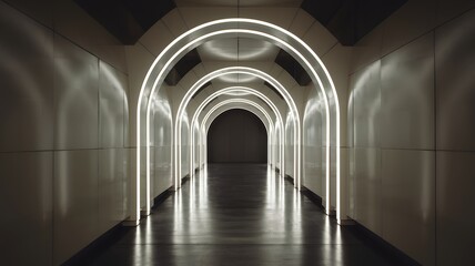 Naklejka premium A long hallway with arched doorways lined with white neon lights, creating a futuristic and minimalist aesthetic.