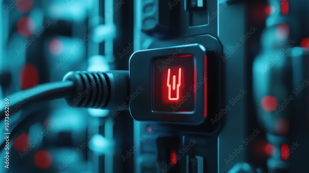 Aufkleber Close-Up of an Illuminated Connection Port on a Server Rack with Cables in a Data Center, Highlighting the Importance of Network Connectivity and Technology Infrastructure
