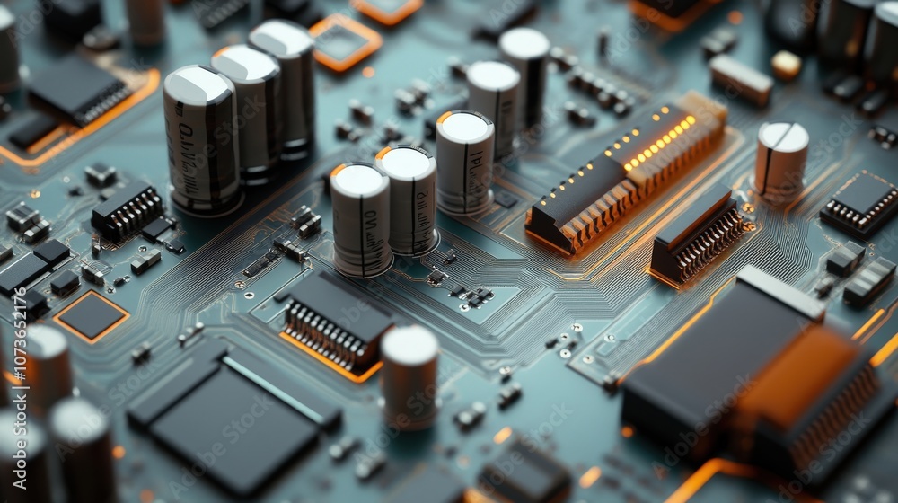 Poster close-up of a high-tech circuit board with various electronic components including capacitors, resis