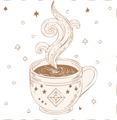 Mystical Coffee Cup with Steam Swirls - Boho Beverage Illustration