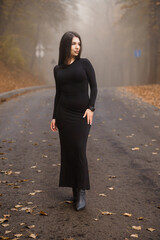 Fototapeta premium Elegant Woman in Black Dress on a Foggy Autumn Street