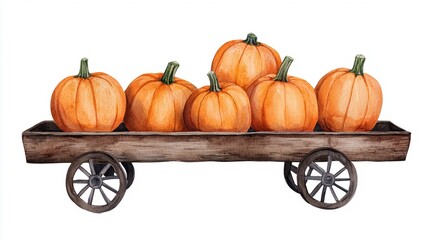 A rustic wooden wagon filled with vibrant orange pumpkins, perfect for autumn decorations or seasonal harvest themes. watercolor, isolated on white background.