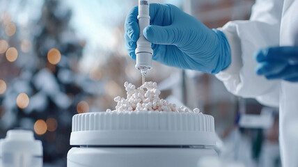 A pharmacist in a lab mixing compounds, surrounded by advanced lab equipment, sterile environment.