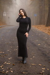 Mysterious Woman in a Black Dress on a Foggy Autumn Road