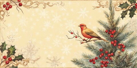 A charming vintage-inspired illustration featuring a bird perched on a pine branch, adorned with holly and berries—perfect for festive designs and seasonal greetings.