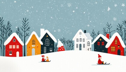 Fototapeta premium A whimsical winter scene featuring colorful houses, snow-covered ground, and Santa enjoying sledding amidst falling snow and bare trees.